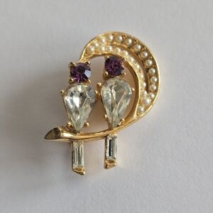 Vintage bird brooch lovebirds love birds pin crescent moon rhinestone